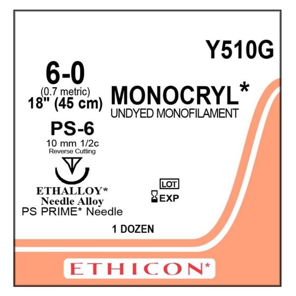 Monocryl Suture 6-0 18" Poliglecaprone 25 Monofilament PS-6 Undyed 12/Bx