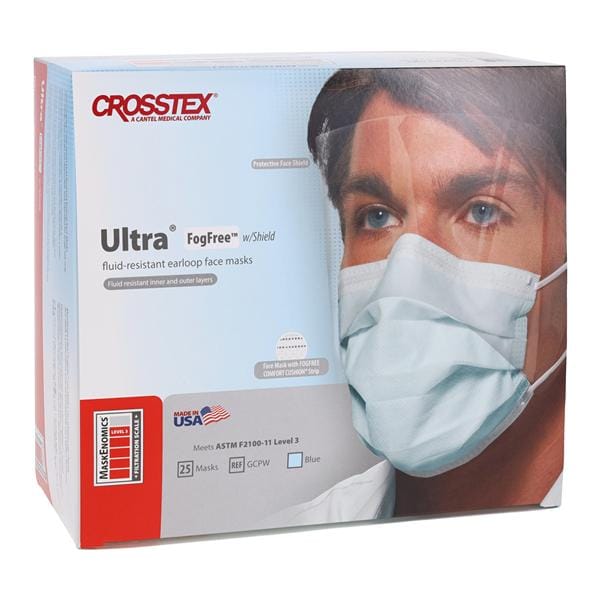 Ultra Fog-Free Combination Mask / Shield ASTM Level 3 Anti-Fog Blue 25/Bx