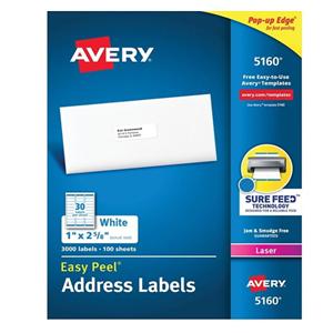 Avery White Laser Address Labels 1" x 2 5/8" Box Of 3000 3000/Bx