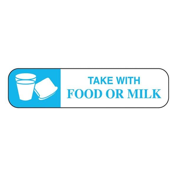 Label Warning Take With Food/Milk Blue/White 1-5/8x3/8" 1000/Rl