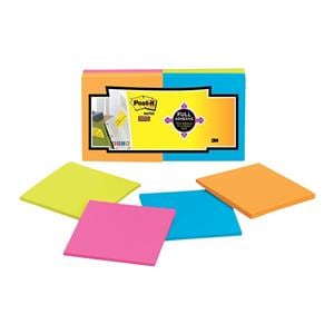 Super Sticky Notes 3 in x 3 in Assorted Colors 25/Pad 12/Pack 12/Pk