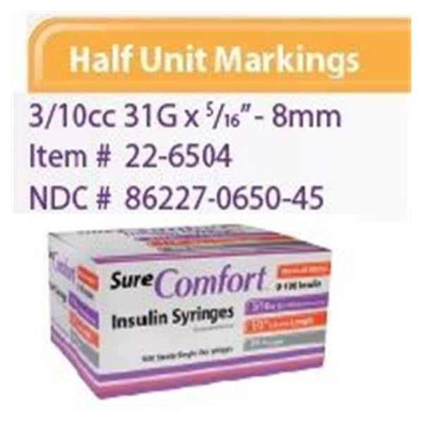 Syringe/Needle 0.3cc 31gx5/16" SureComfort U-100 Insulin Conventional 5x100/Ca