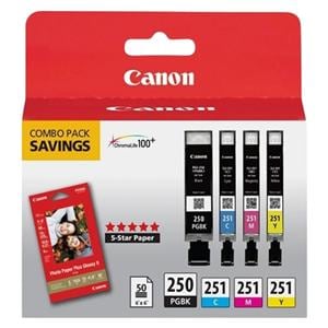 Canon PGI-250BK/CLI-251CMY Black/Color Ink Cartridges & PP-201 Paper 5/Pk