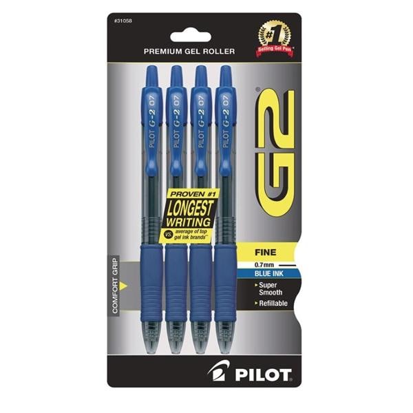 Pilot G-2 Gel Pen Fine Point 0.7 mm Blue Barrels Blue 4/Pack 4/Pk