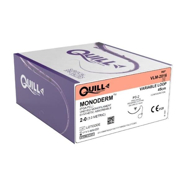 Quill Monoderm Suture 2-0 18" Polyglycolic Acid Monofilament PS-2 Undyed 12/Bx