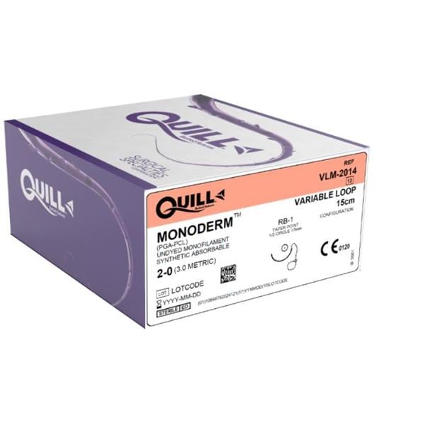 Quill Monoderm Suture 2-0 15cm Polyglycolic Acid Monofilament RB-1 Undyed 12/Bx