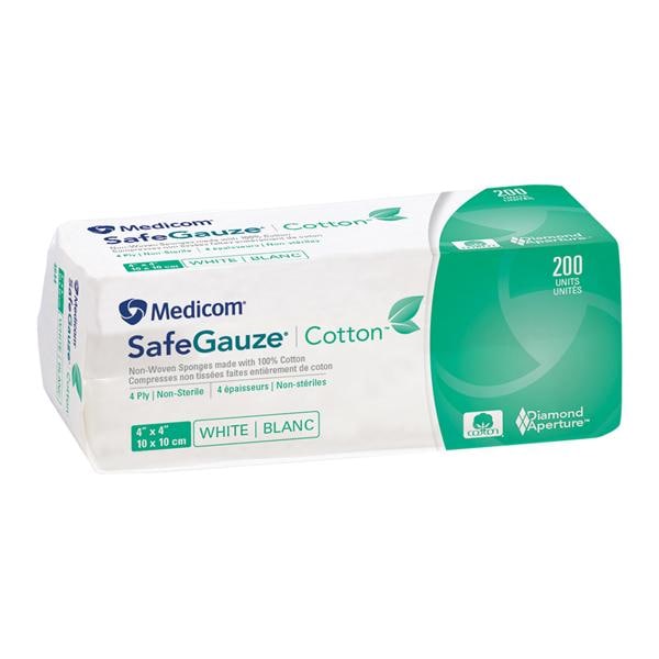 SafeGauze Cotton Non-Woven Gauze 4x4" 4 Ply Non-Sterile LF, 10 PK/CA