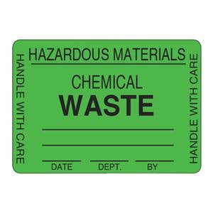 Warning Label Hazardous Materials Chemical Waste Green 2x3" 500/Rl