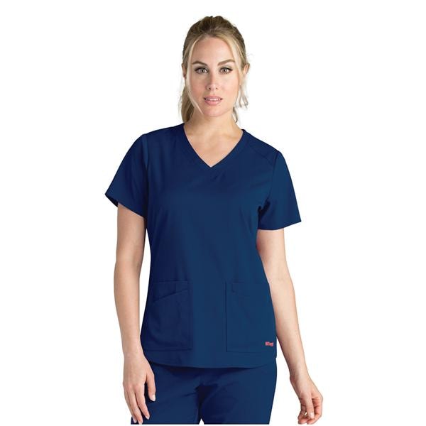 Greys Anatomy Stretch Scrub Top V-Neck 4 Pockets Large Indigo Womens Ea