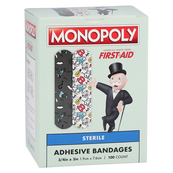 American White Cross Adhesive Strip Bandage Plastic 3/4x3" Monopoly Strl 100/Bx, 12 BX/CA