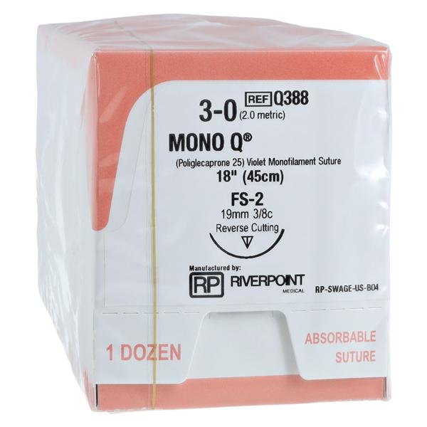 Mono Q Suture 3-0 18" Triclosan/Polyglecaprone 25 Monofilament FS-2 Violet 12/Bx