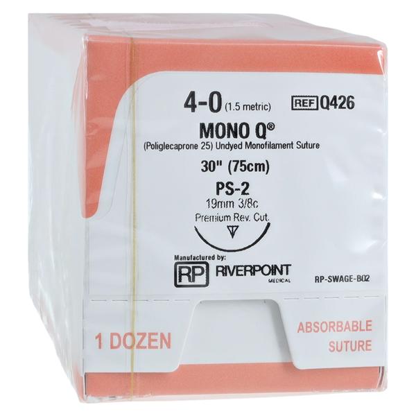 Mono Q Suture 4-0 30" Poliglecaprone 25 Monofilament PS-2 Undyed 12/Bx