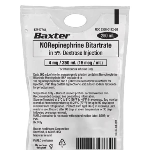 Norepinephrine Bitartrate Injection 4mg/Bag Bag 250mL 20/Bx