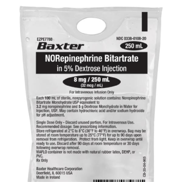 Norepinephrine Bitartrate Injection 8mg/Bag Bag 250mL 20/Bx