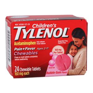 Tylenol Chld 2-11 Pn Rlvr/Fvr Rdcr Chewable Tablets 160mg Bubble Gum 3Bt/Pk