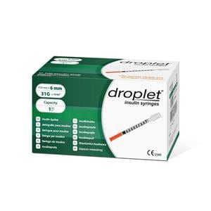 Droplet Insulin Syringe 31gx6mm 1mL Protective Cap Low Dead Space 500/Ca