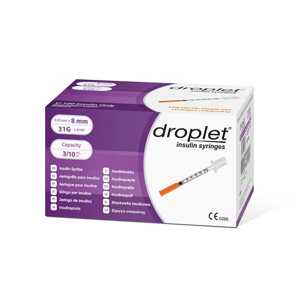 Droplet Insulin Syringe 31gx8mm 0.5mL Protective Cap Low Dead Space 500/Ca