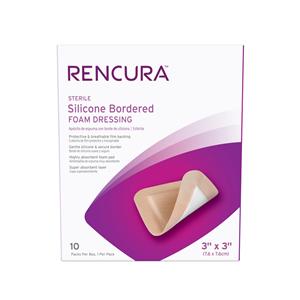 Rencura Silicone Foam Bordered Dressing 3x3" Sterile Square White/Tan Spr Abs, 10 BX/CA