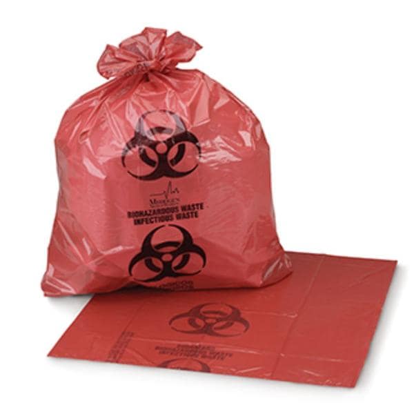 Biohazard Bag 1-1/4mil 14-1/2x19" Red/Black Flat Seal Plastic 20/Rl, 10 RL/CA