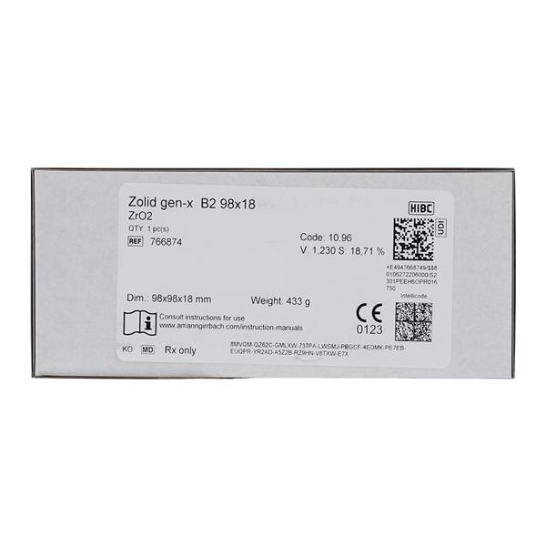 Zolid Gen-X Zirconia Disc B2 98x18 Ea