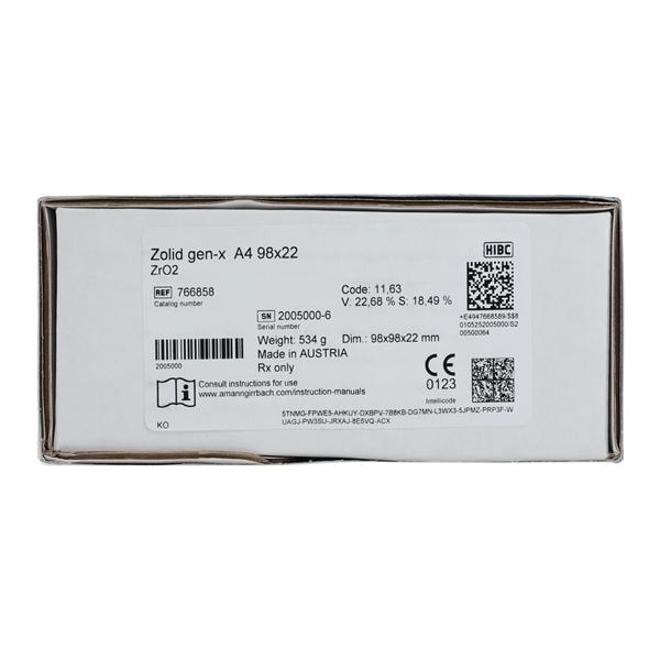 Zolid Gen-X Zirconia Disc A4 98x22 Ea