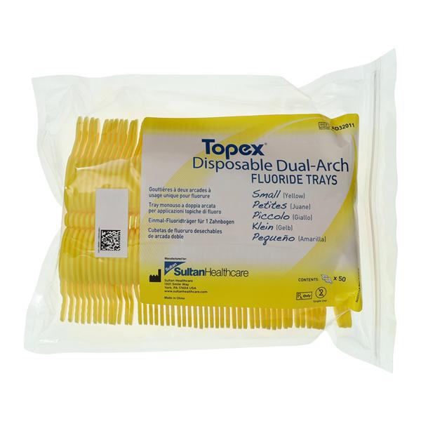 Topex Dual Arch Fluoride Trays Foam Small W/ Lckng Hndls Yellow Disposable 50/Pk