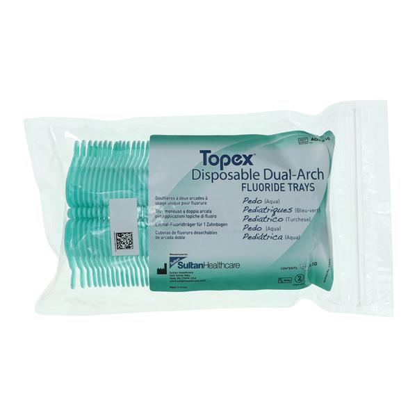 Topex Dual Arch Fluoride Trays Foam Pedo W/ Lckng Hndls Aqua Disposable 50/Pk