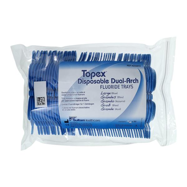 Topex Dual Arch Fluoride Trays Foam Large W/ Lckng Hndls Blue Disposable 50/Pk