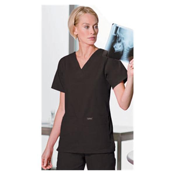 Scrub Shirt V-Neck 4 Pockets Short Sleeves Medium Black Womens Ea