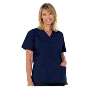 Scrub Shirt V-Neck 2 Pockets Set-In Short Sleeves Large Navy Womens Ea