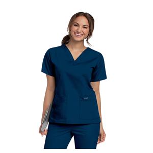 Scrub Shirt V-Neck 4 Pockets Short Sleeves Large Navy Womens Ea