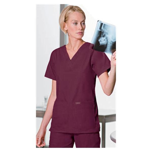 Scrub Shirt V-Neck 4 Pockets Short Sleeves X-Large Wine Womens Ea