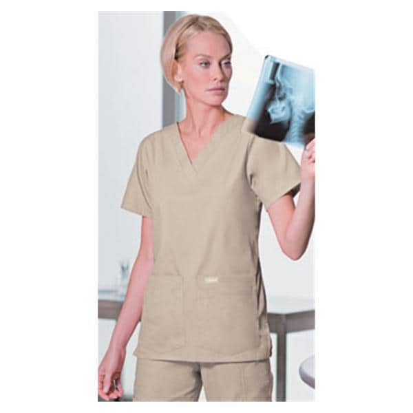 Scrub Shirt V-Neck 4 Pockets Short Sleeves 2X Large Sand Womens Ea