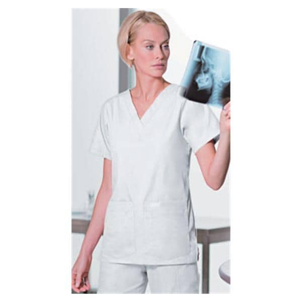 Scrub Shirt V-Neck 4 Pockets Short Sleeves Small White Womens Ea