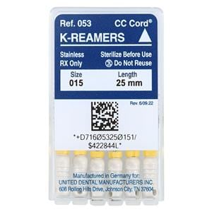 Hand K-Reamer 25 mm Size 15 Stainless Steel White 6/Bx