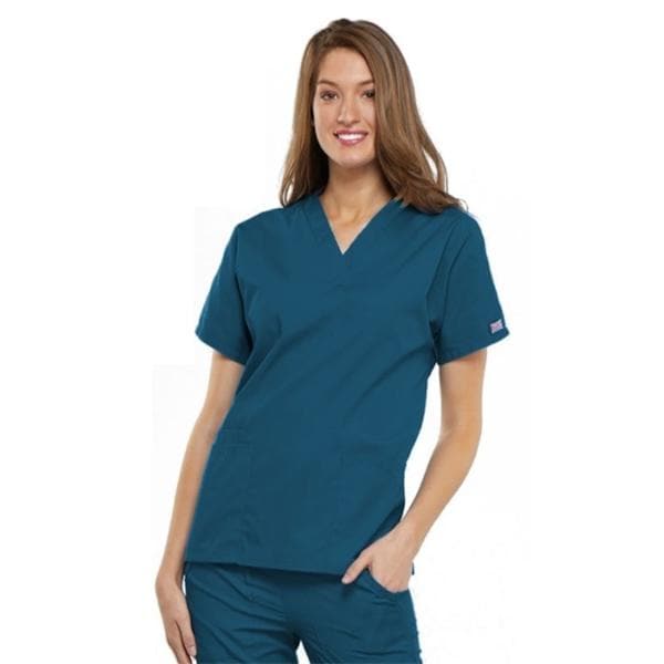 Cherokee Scrub Shirt V-Neck Short Sleeves Large Caribbean Blue Womens Ea