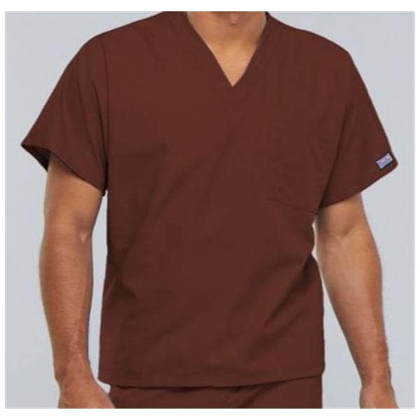 Cherokee Scrub Shirt V-Neck 1 Pocket Short Sleeves Large Chocolate Unisex Ea