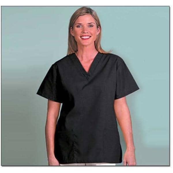 Scrub Shirt V-Neck 2 Pockets Set-In Short Sleeves 2X Large Black Womens Ea