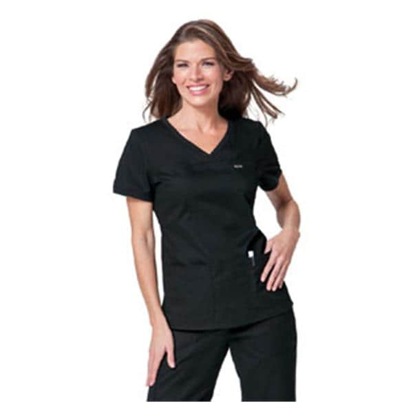 Scrub Shirt 3 Pockets Rib-Trim Short Sleeves X-Small Black Womens Ea