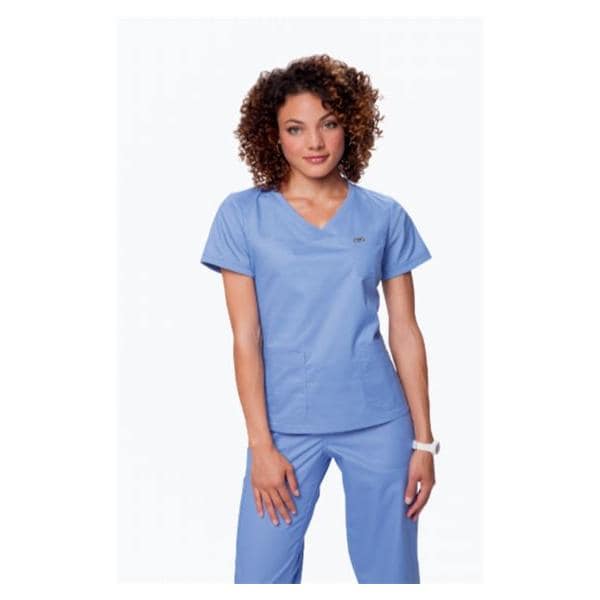 Scrub Shirt 3 Pockets Rib-Trim Short Sleeves Large Ceil Blue Womens Ea