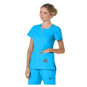 Scrub Top Double Zipper Crew Neck 4 Pockets Short Sleeves Medium Blu Womens Ea