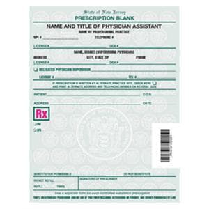 Physician Assistant Prescription Pads New Jersey 1-Part Vertical 10/Bx