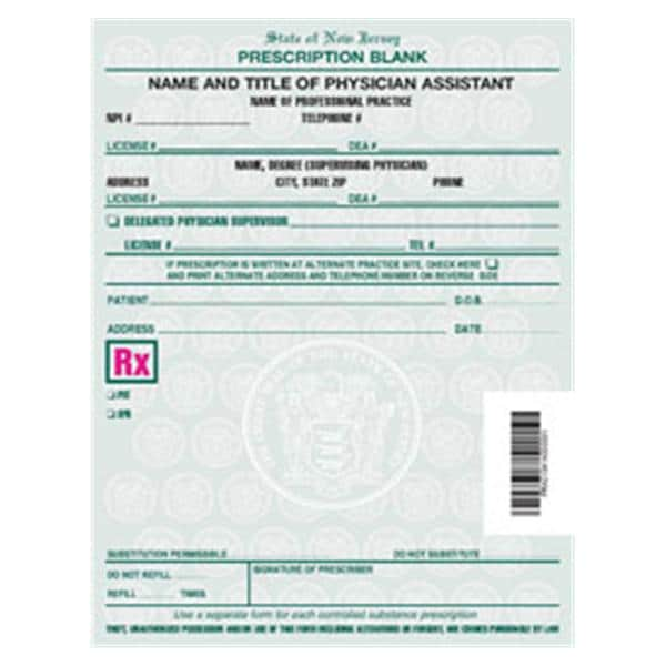 Physician Assistant Prescription Pads New Jersey 2-Part Vertical 10/Bx