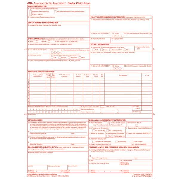 American Dental Association Insurance Claim Forms 2019 1-Part 8.5x11 Red 100/Pk