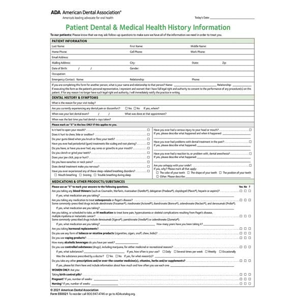 ADA Health History Forms 2021 2 Sided Paper White 8.5 in x 11 in 100/Pk
