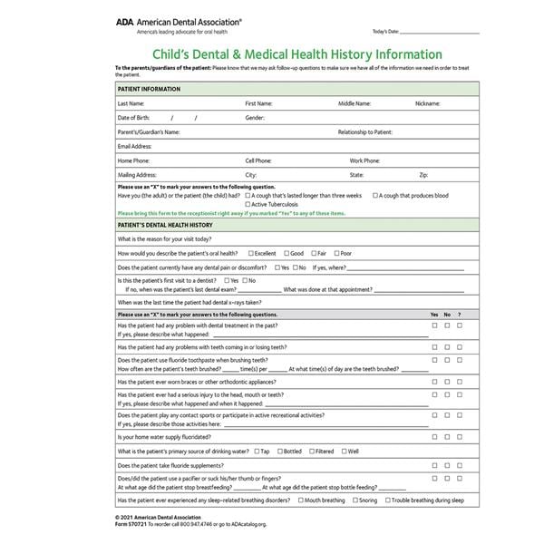 ADA Health History Forms 2021 2 Sided Paper White 8.5 in x 11 in 100/Pk