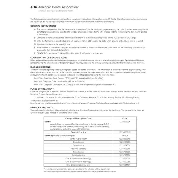 American Dental Association 2 Part Carbonless Forms 2019 8.5"x11" White 100/Pk