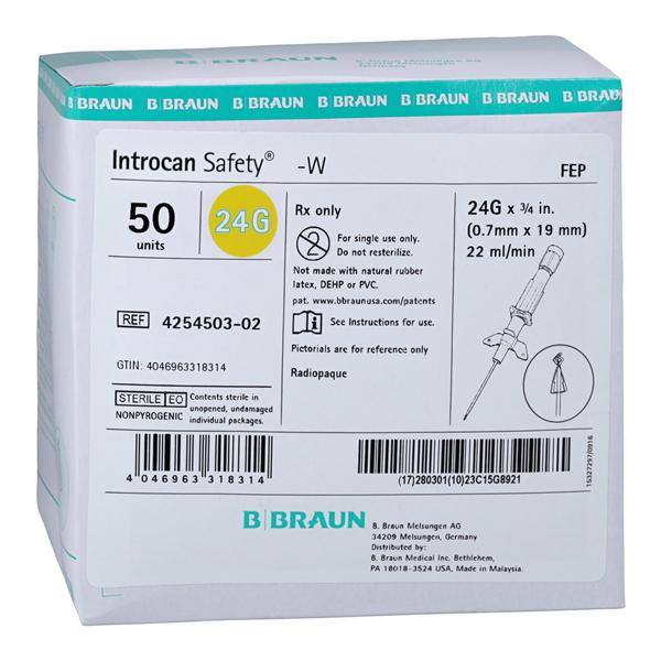 Introcan Safety IV Catheter Safety 24 Gauge 3/4" Yellow 50/Bx