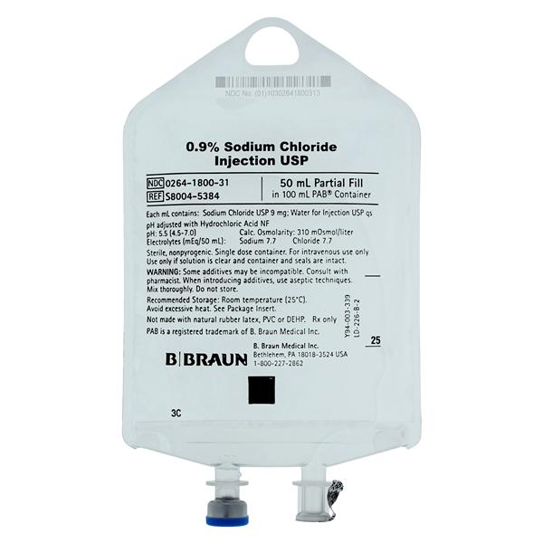 IV Injection Solution Sodium Chloride 0.9% 50mL Partial Additive Bag Ea