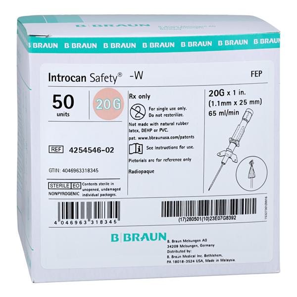 Introcan Safety IV Catheter Safety 20 Gauge 1" Pink 50/Bx